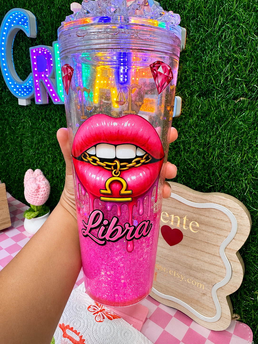 Pink personalized Libra glitter tumbler