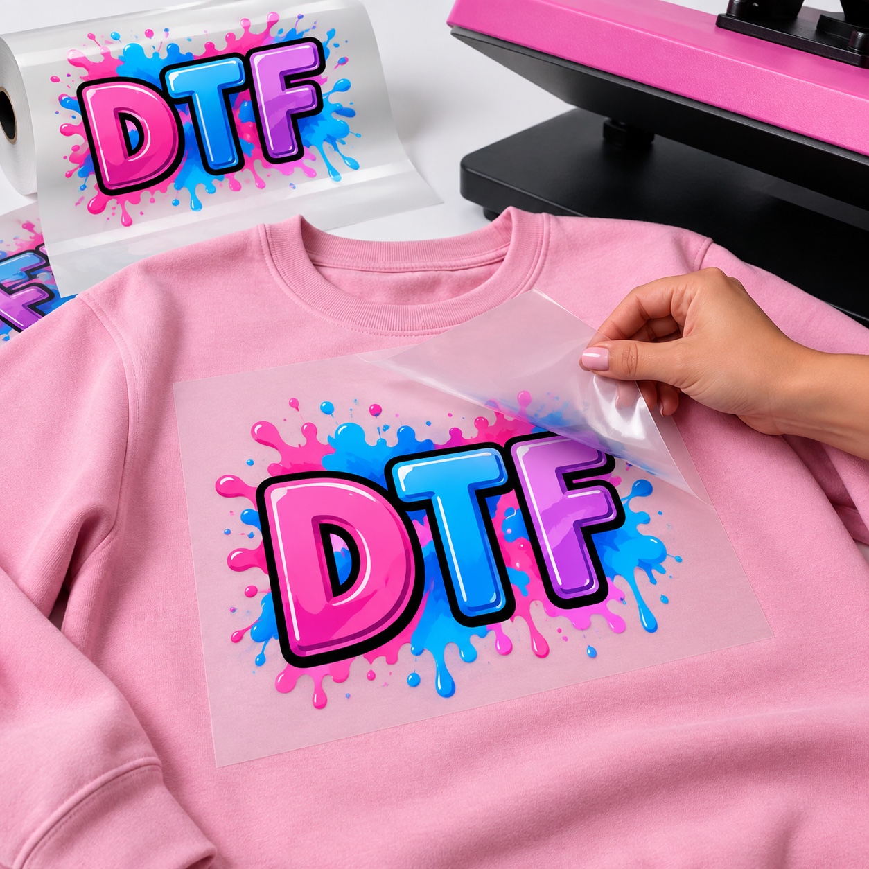 Colorful DTF transfer being applied to a pink sweatshirt